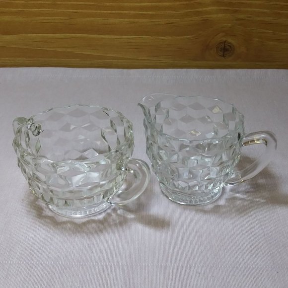 Jeannette Glass Sugar and Creamer Cube Cubist Pattern, Clear Depression Glass - Picture 1 of 6